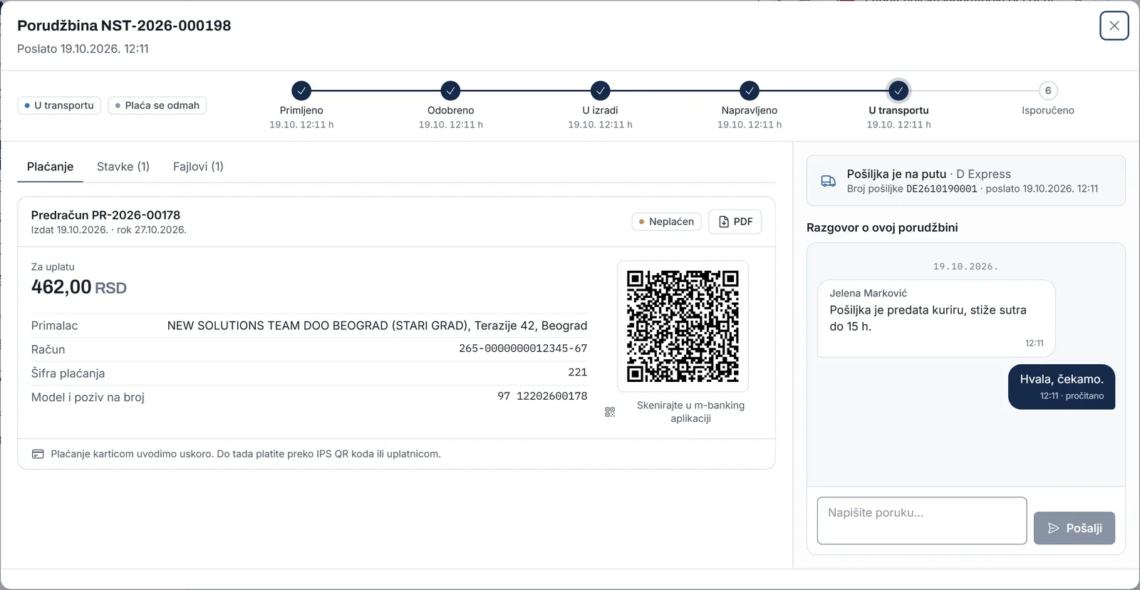 Porudžbina u portalu: koraci od prijema do isporuke, predračun sa IPS QR kodom, podaci o pošiljci i razgovor sa NST-om